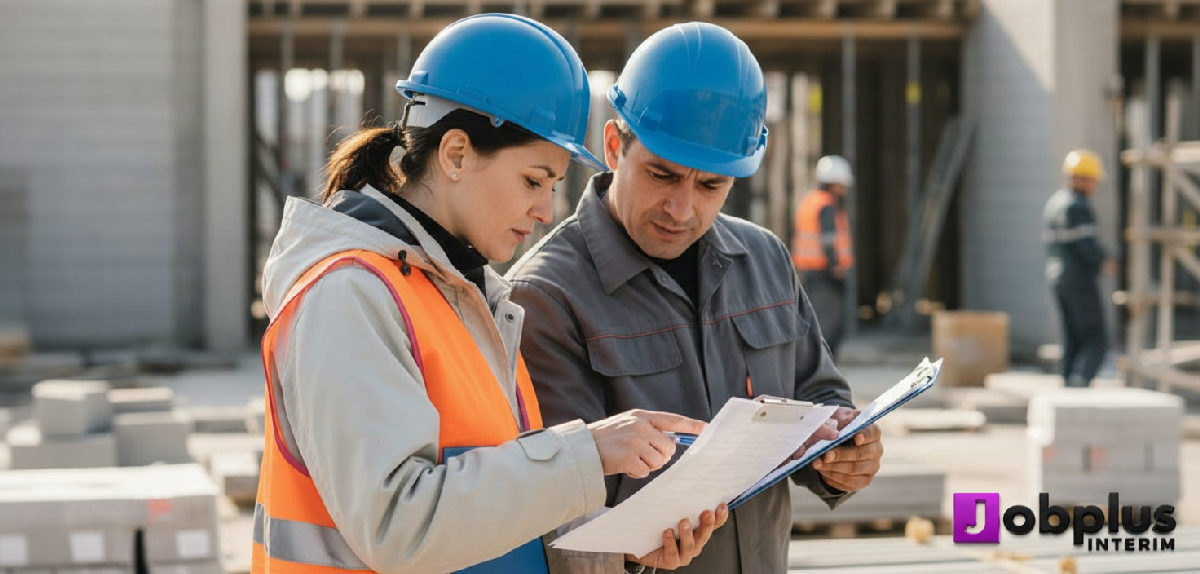 Inspecteur du travail vérifiant des documents sur un chantier.