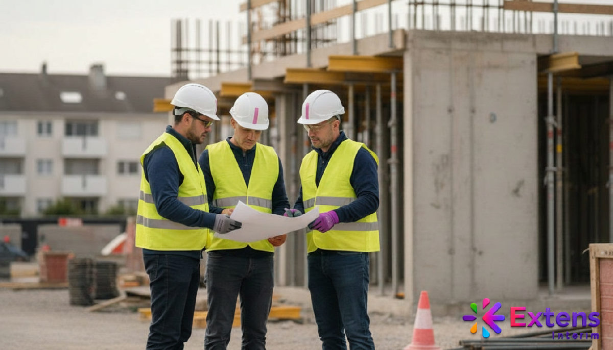 Un chantier de construction en France avec des ouvriers, symbolisant la rigueur et la sécurité.
