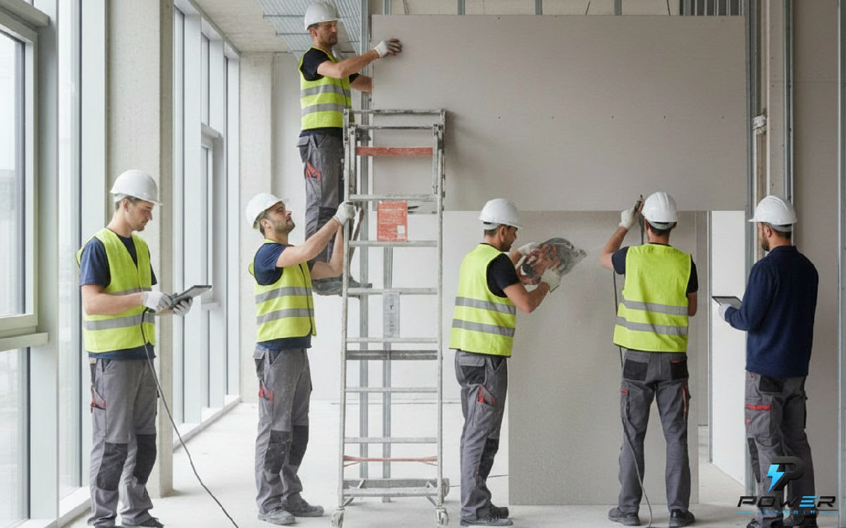 Équipe de plaquistes roumains travaillant ensemble sur un chantier de bureaux.