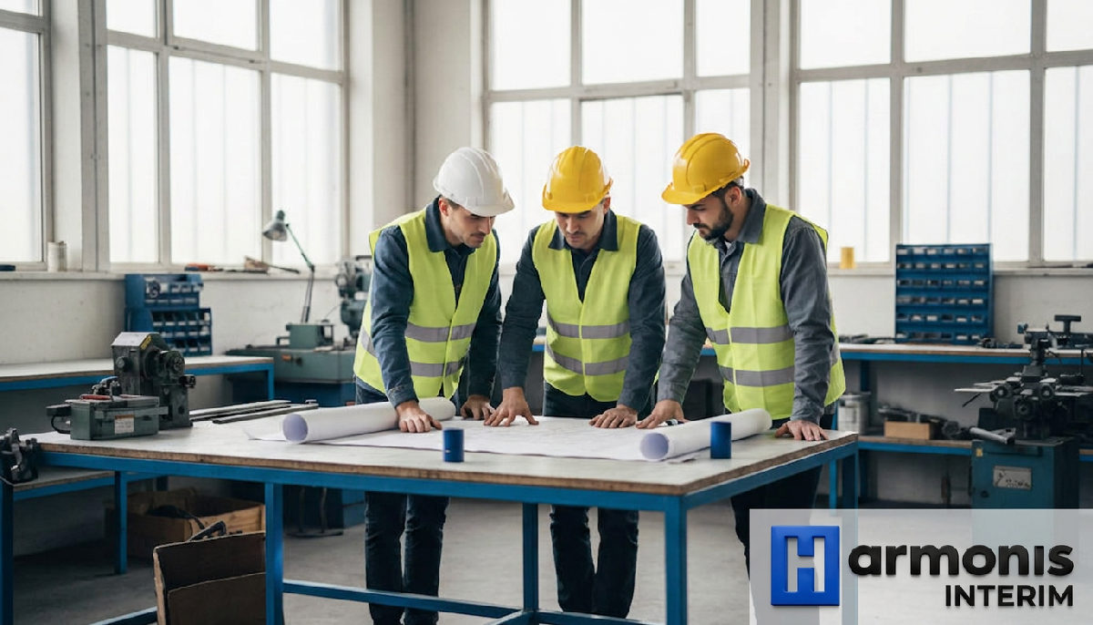Techniciens roumains discutant d'un plan technique dans un atelier.