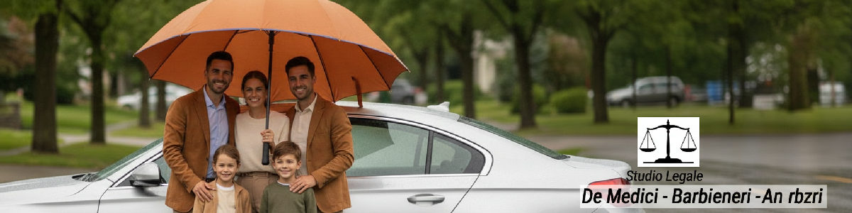 Simbolo di protezione: ombrello su auto e famiglia felice.