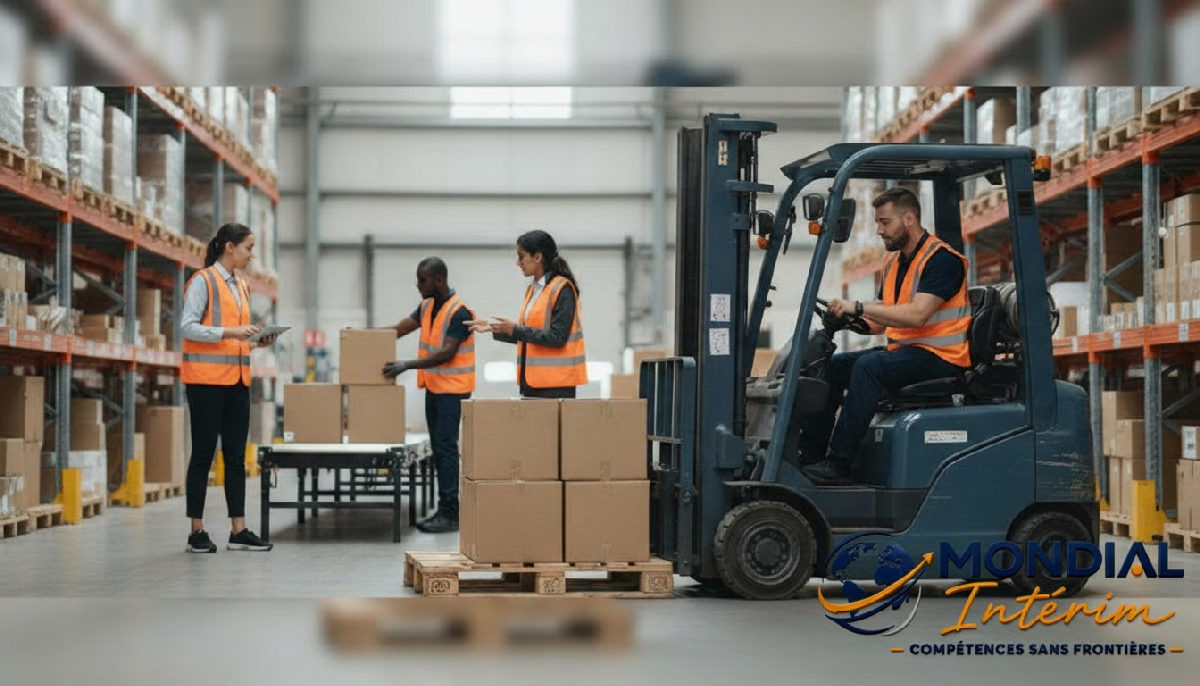 Équipe multiculturelle collaborant dans un centre de distribution.