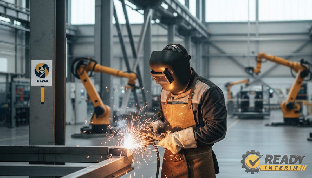 travailleurs roumains industrie france - Soudeur roumain travaillant dans une usine moderne en France.