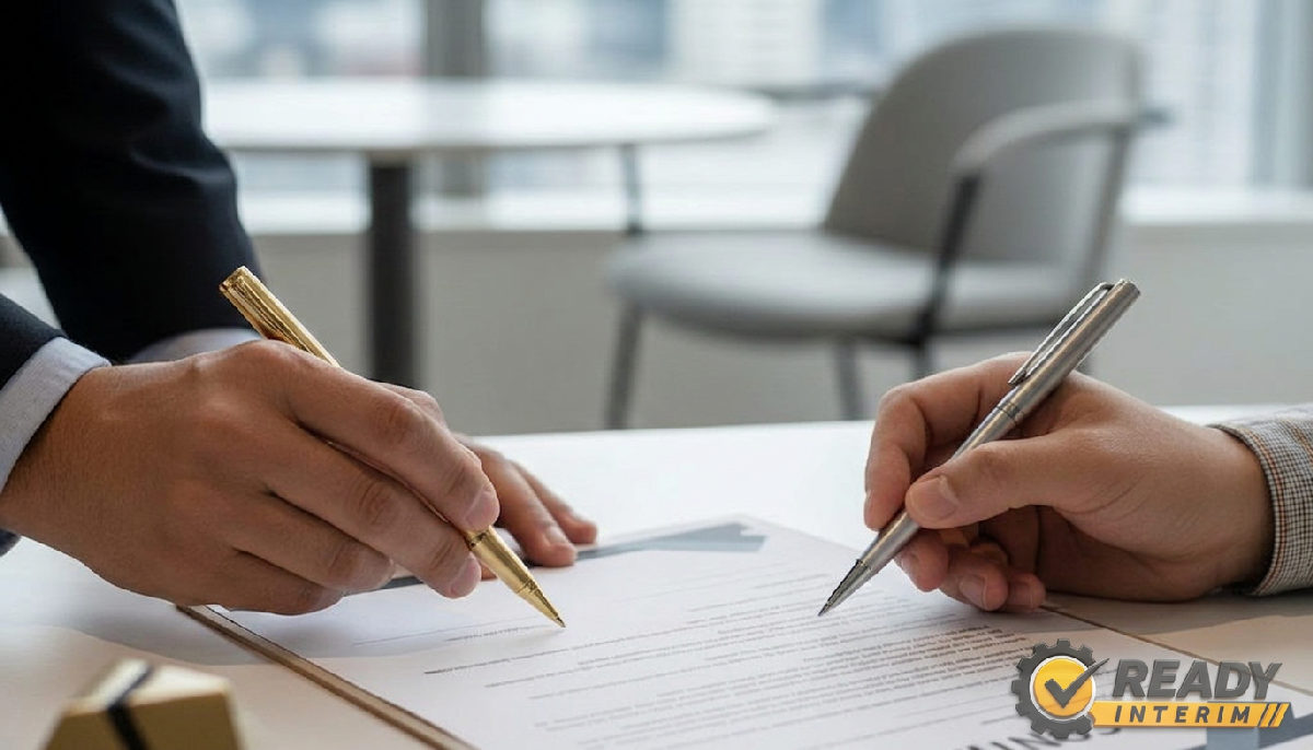 Signature d'un contrat entre un manager français et un expert en recrutement.