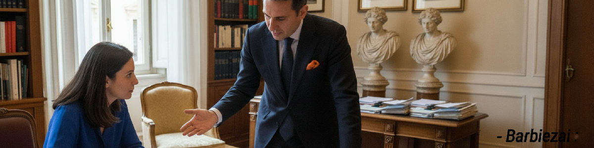 Avvocato e cliente discutono perizia veicolo in ufficio.