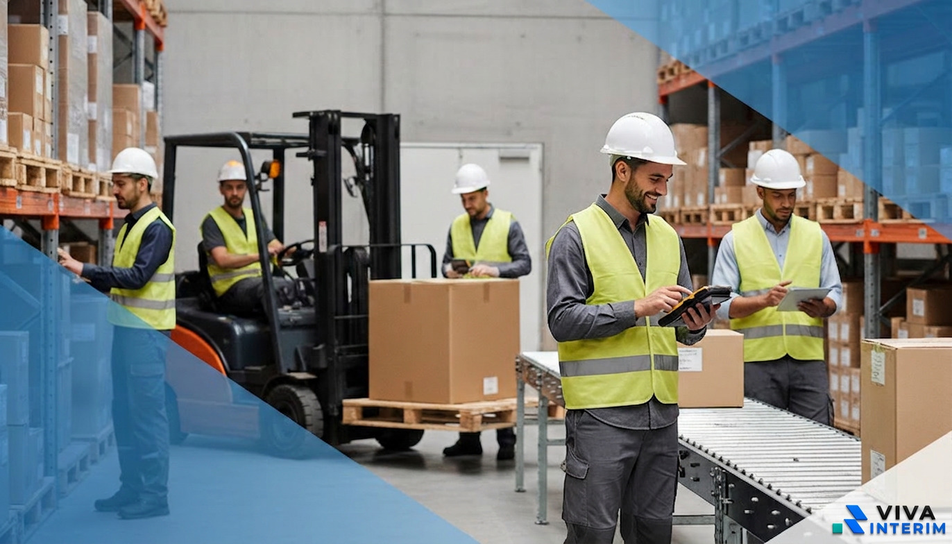 Ouvriers logistiques qualifiés dans un entrepôt illustrant la flexibilité du personnel.