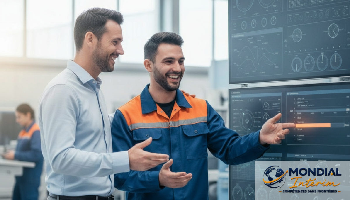 Manager français et ouvrier roumain discutent devant tableau de bord.