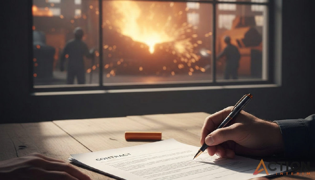 Signature d'un contrat devant une installation de fonderie industrielle.