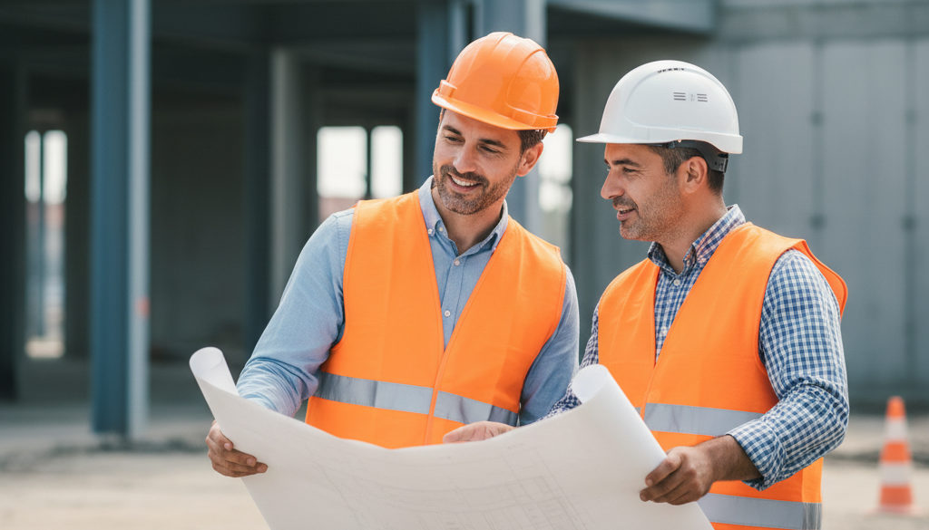 optimisation coûts rh intérim franco-roumain - Chef de chantier français et ouvrier roumain discutent d'un plan.