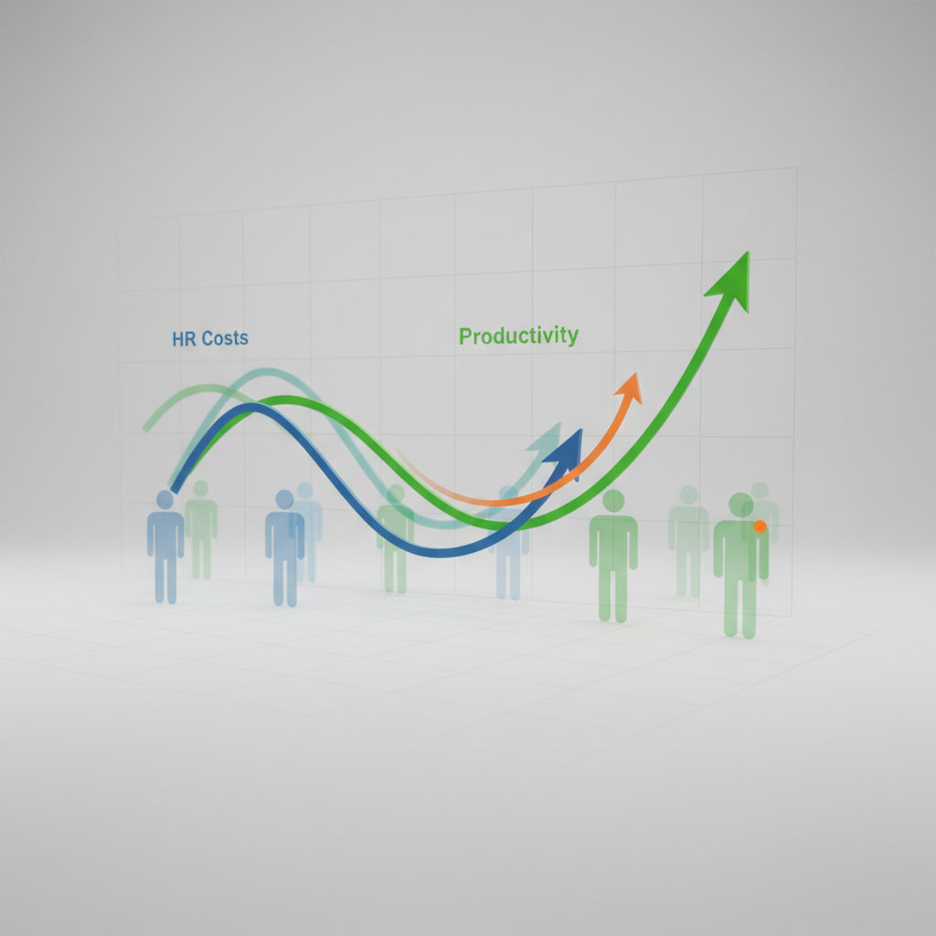 Un graphique stylisé montrant une courbe de coûts RH en baisse et une courbe de productivité en hausse suite à l'intégration d'intérimaires roumains.