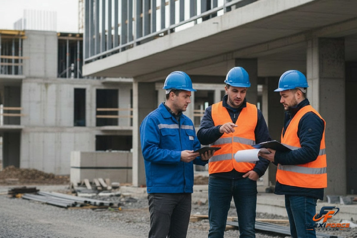 Chantier de construction moderne avec équipe en action.