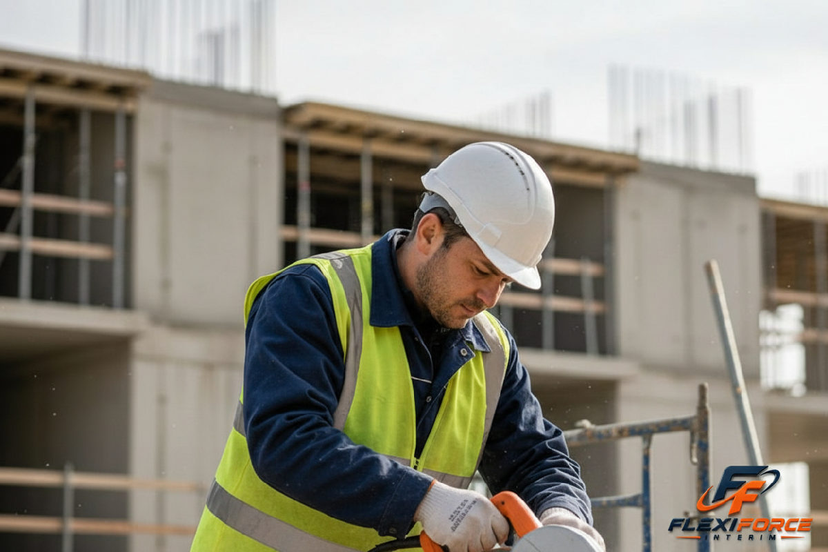 Ouvrier roumain qualifié travaillant en sécurité sur un chantier français.