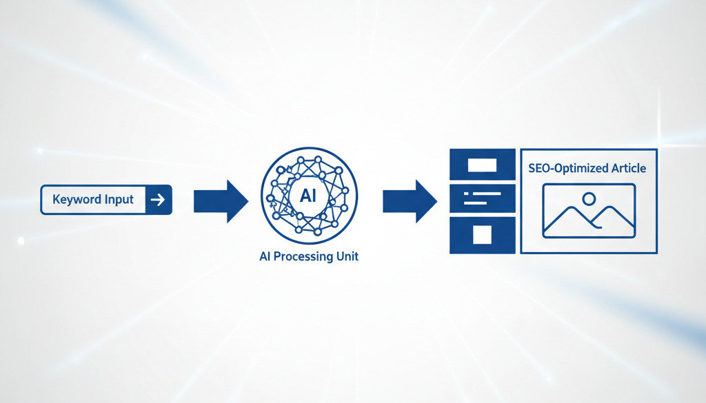 Flowchart of AI transforming keywords into SEO-optimized articles.