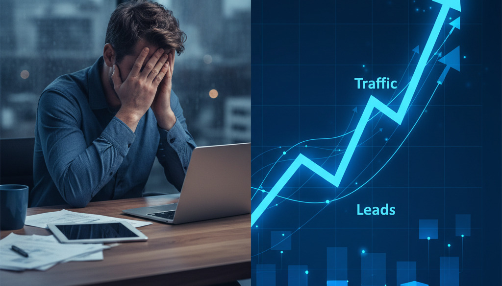 Split screen: frustrated owner vs. upward trending graph of success.