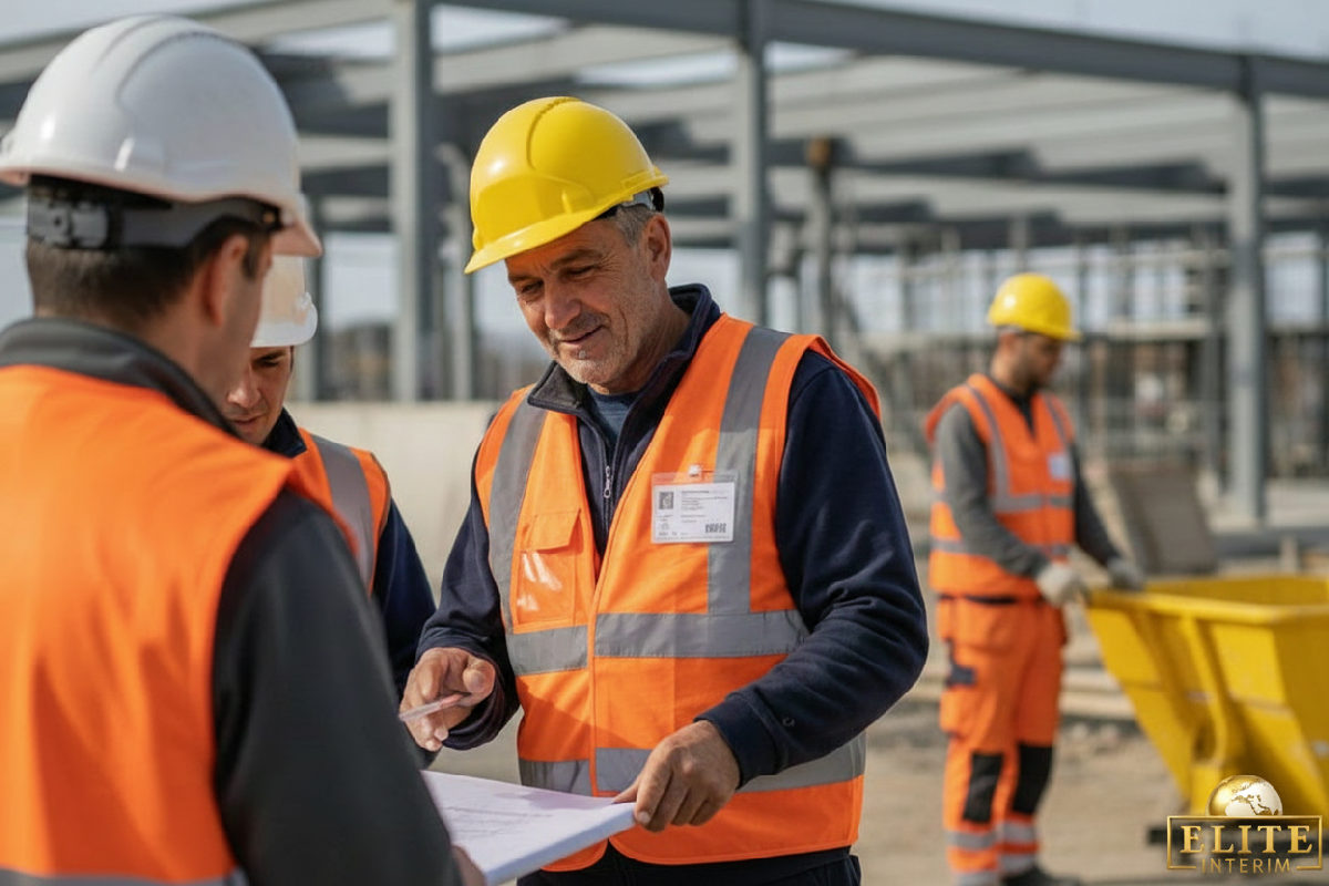 Ouvriers roumains sur un chantier français avec équipement de sécurité.
