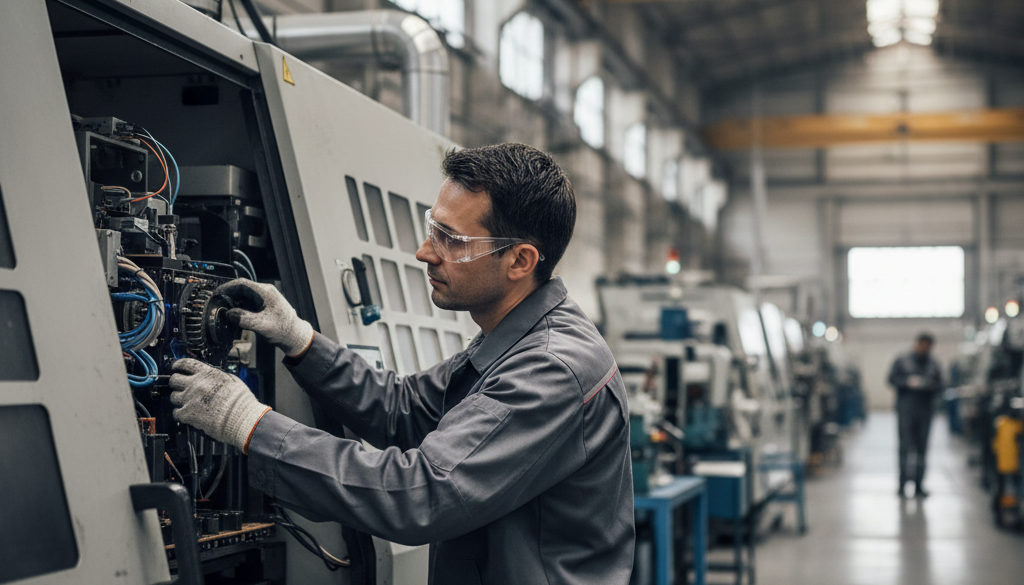 Technicien roumain qualifié travaillant sur une machine industrielle en France.