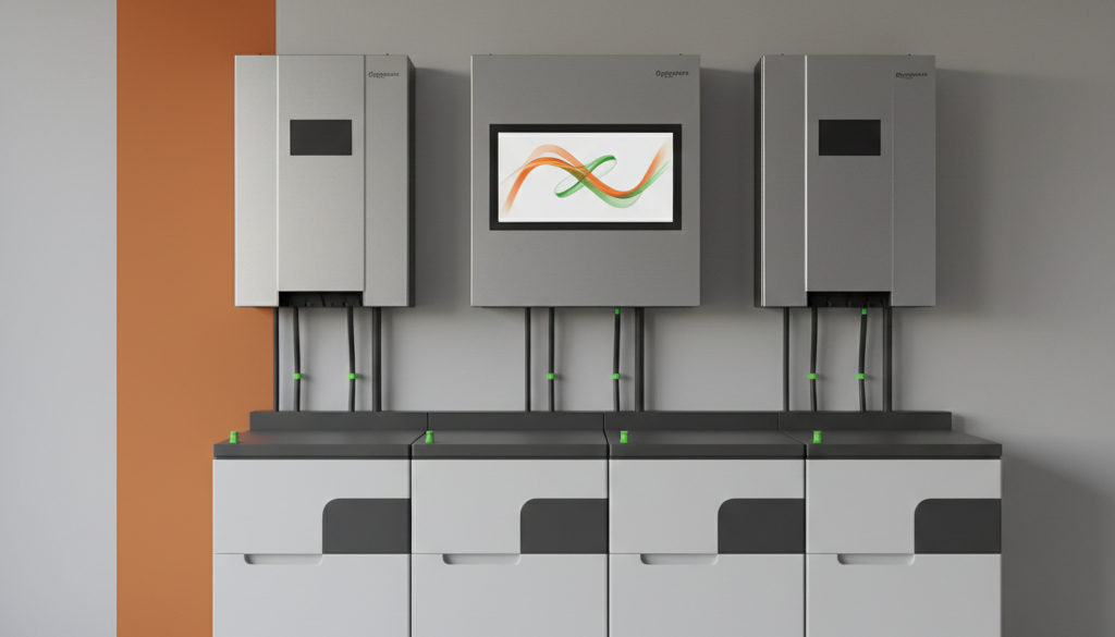 Střídače a baterie ukazující tok energie v technické místnosti.