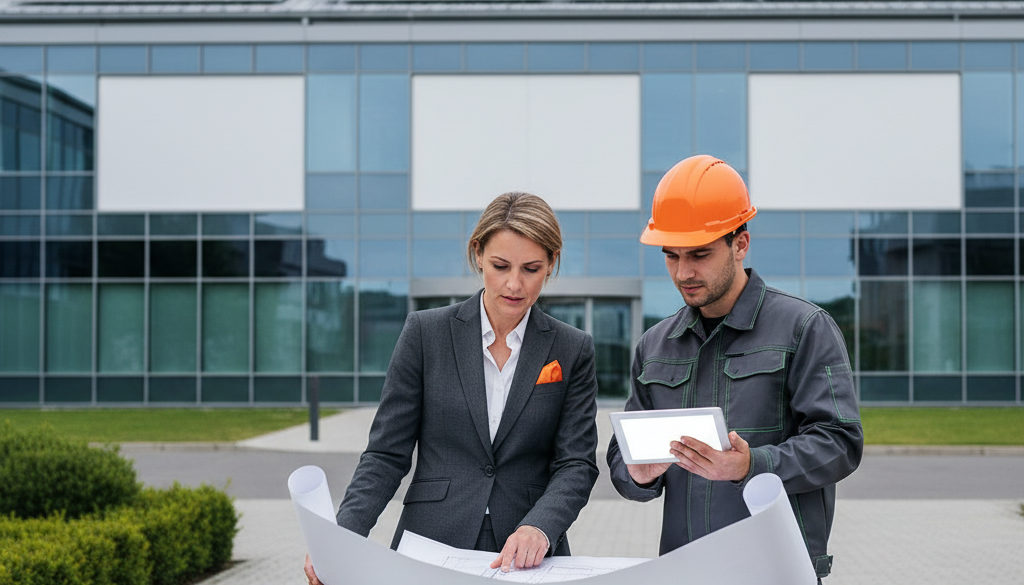 Manažer a technik u plánu fotovoltaické instalace před budovou.