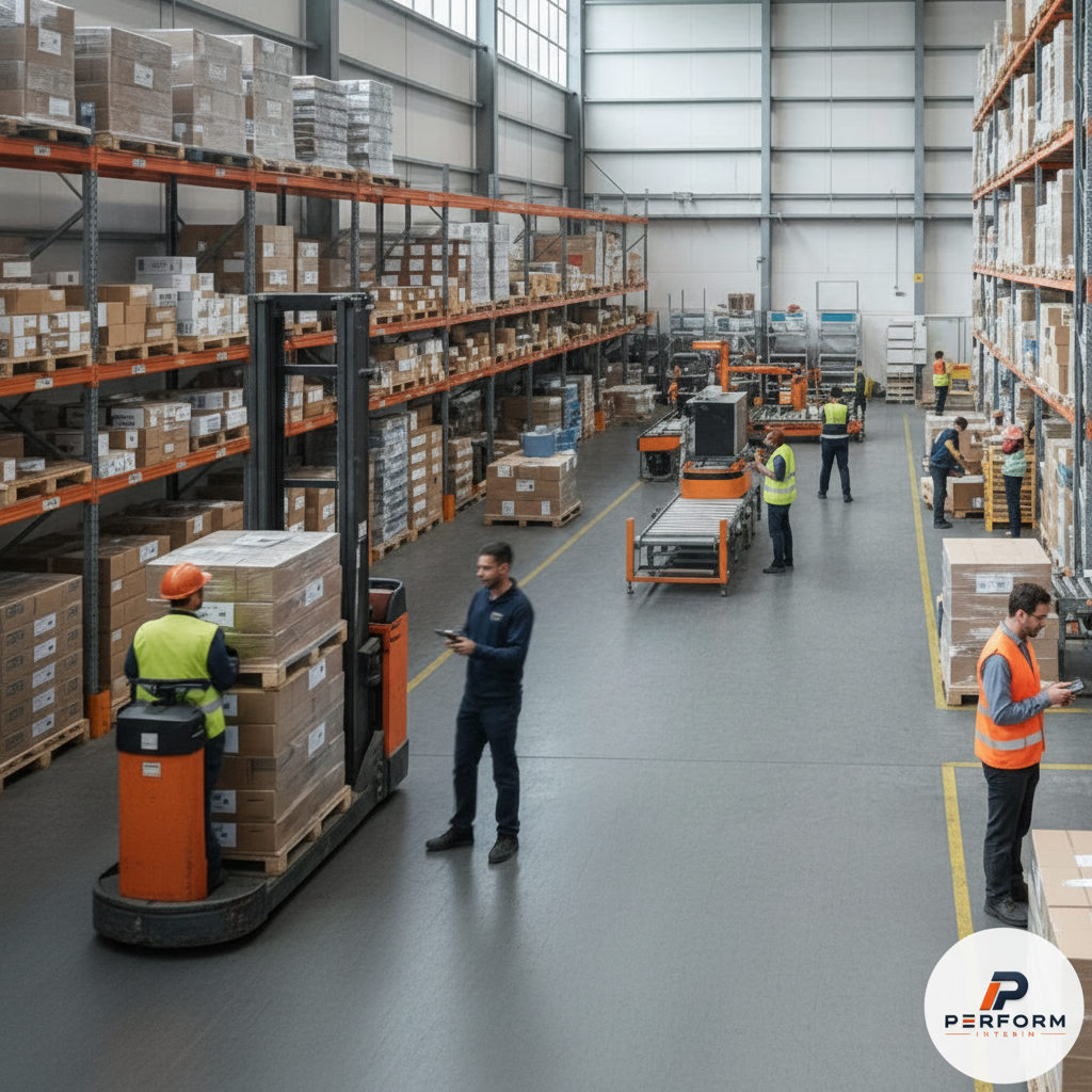 Entrepôt logistique dynamique avec travailleurs et machines.