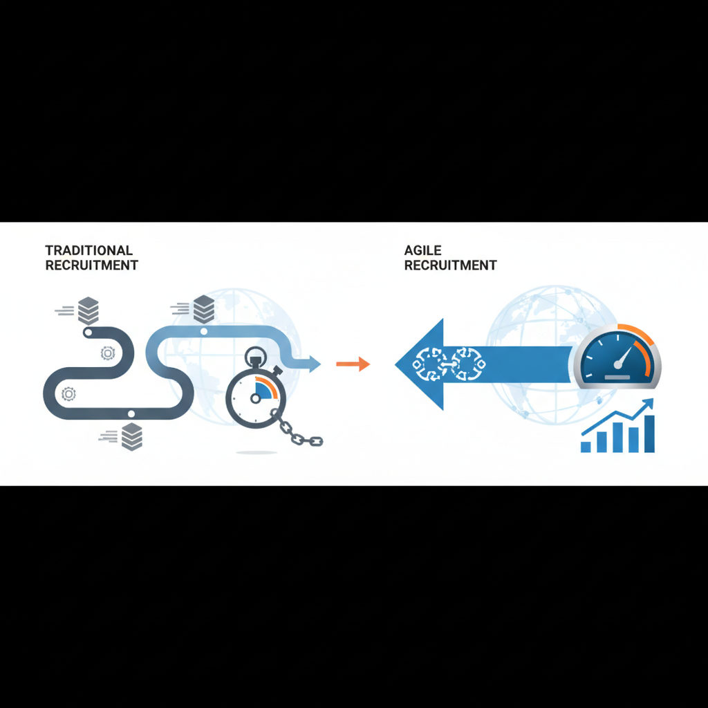 A comparison infographic showing speed and efficiency markers between traditional and agile recruitment for 'quelle agence recrutement agile pour intérim international'.