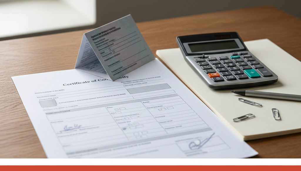 Certificat de conformité et carte grise avec calculatrice.