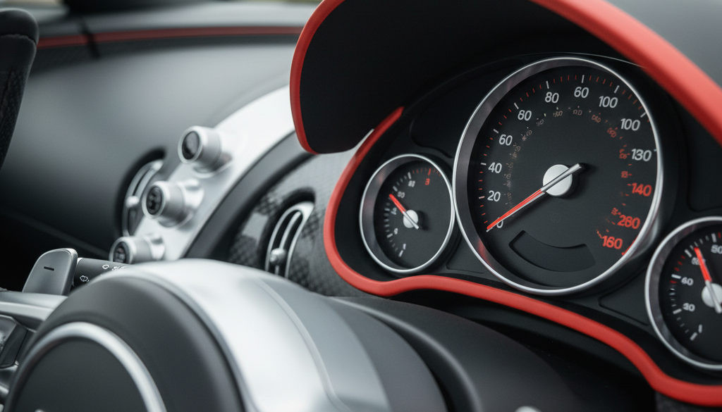 Intérieur d'une Bugatti, gros plan sur le compteur.