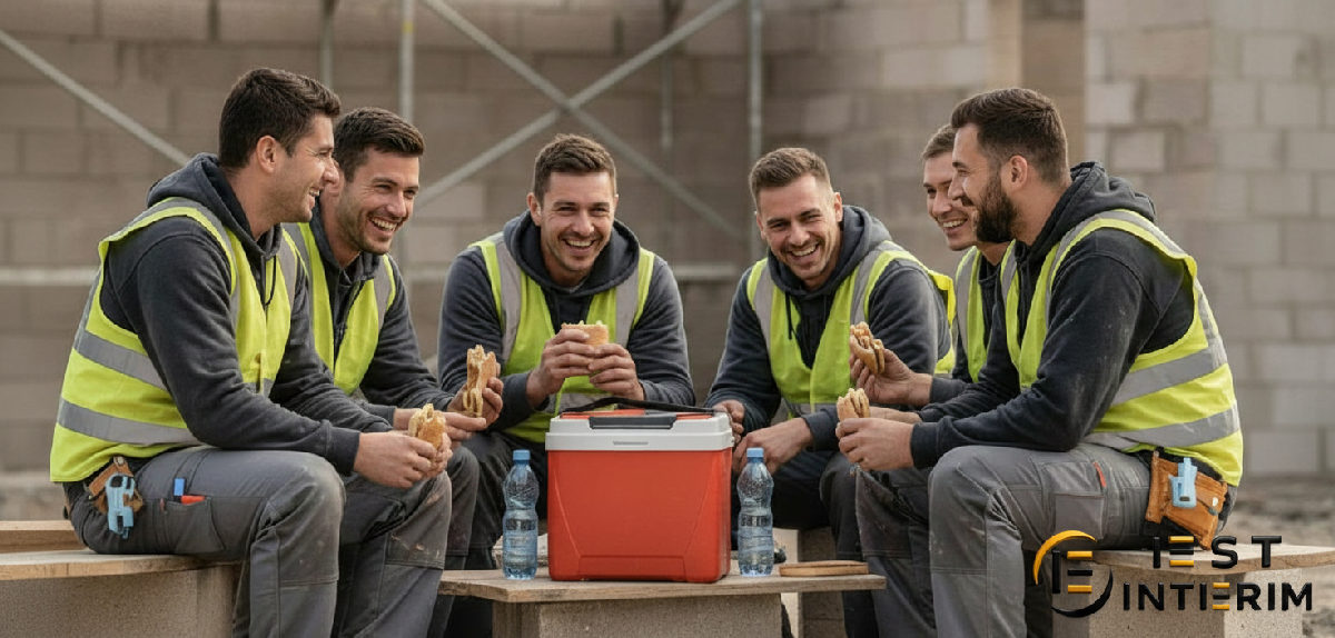 Ouvriers du bâtiment profitant d'une pause déjeuner ensemble.