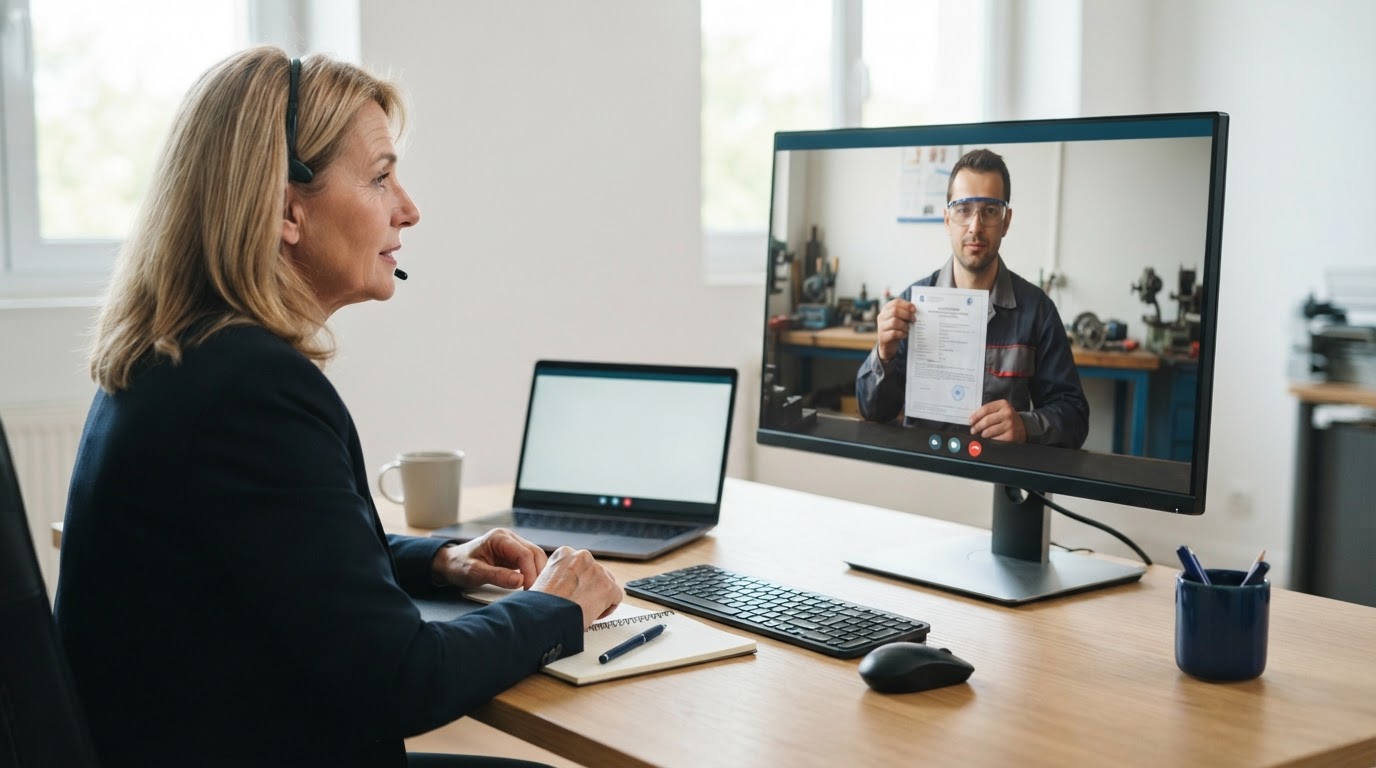 Un entretien vidéo entre un recruteur et un ouvrier roumain certifié.