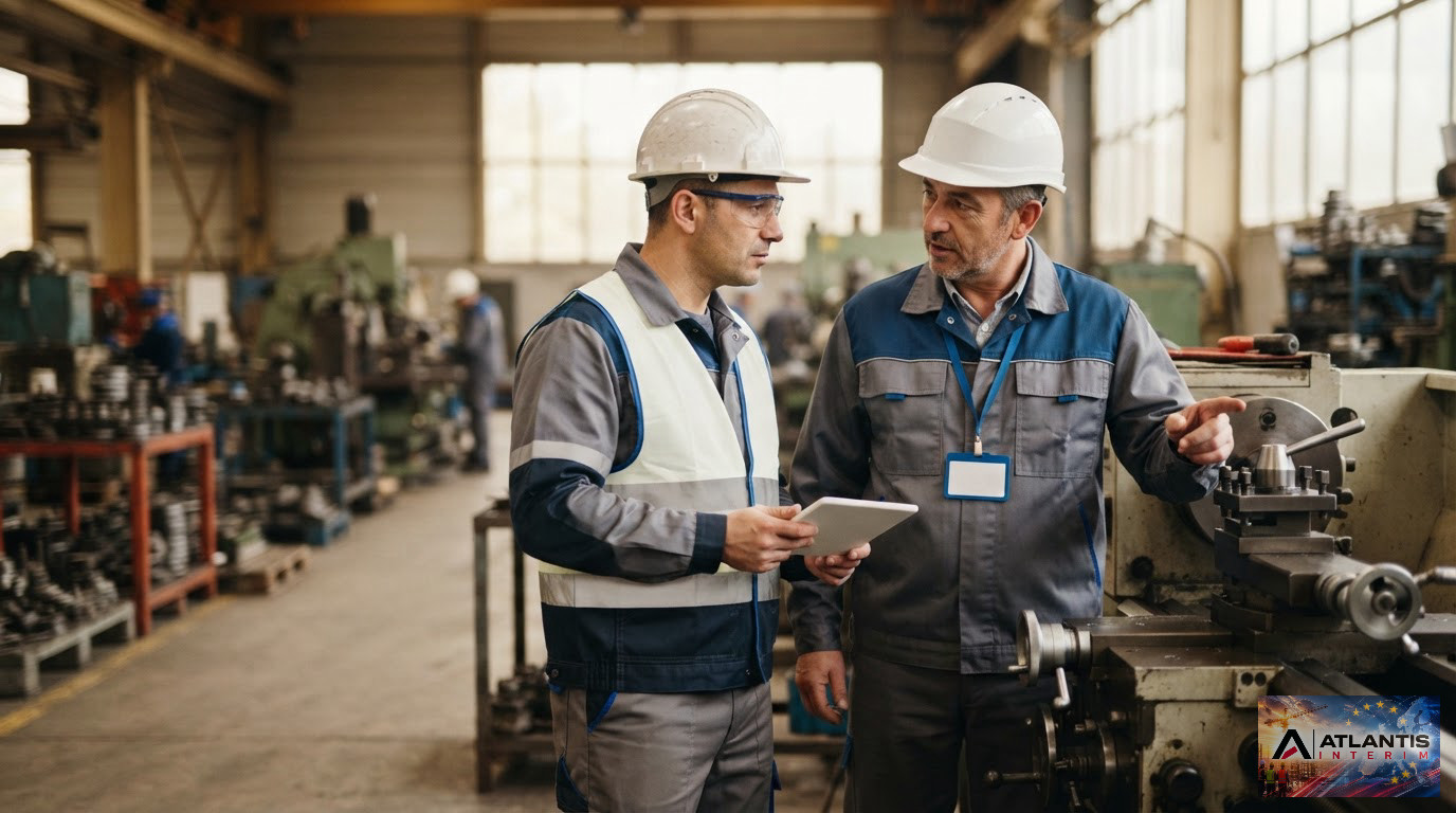Un ouvrier roumain en équipement de sécurité recevant des consignes sur un chantier.