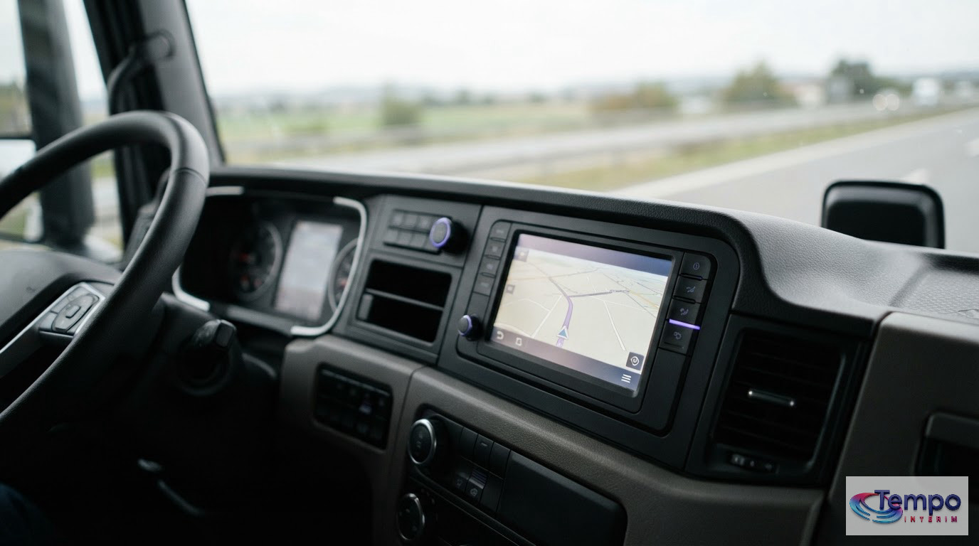 Tableau de bord moderne avec système GPS dans un camion professionnel.