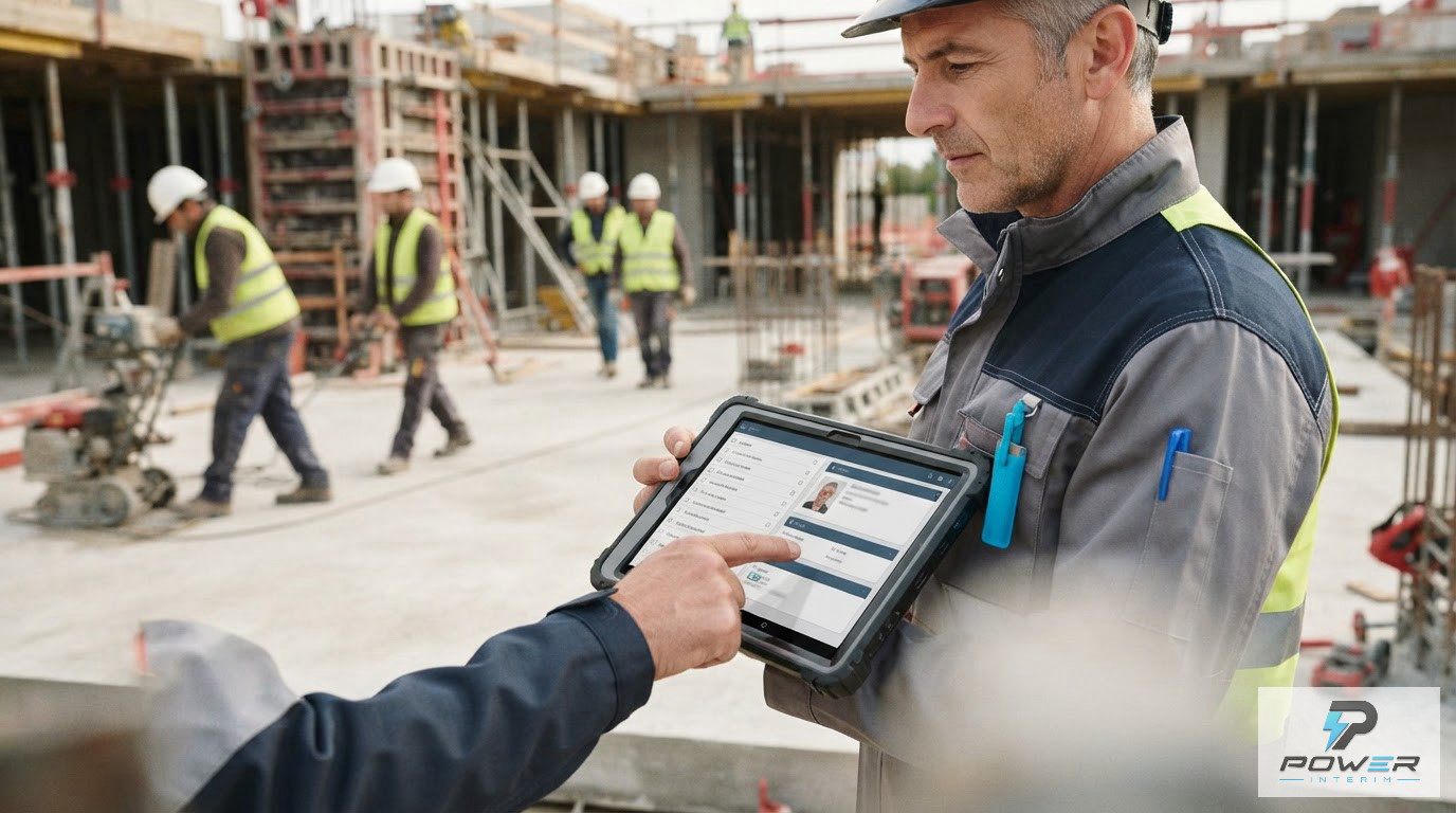 Un chef de chantier vérifiant des documents d'identité numériques sur tablette.