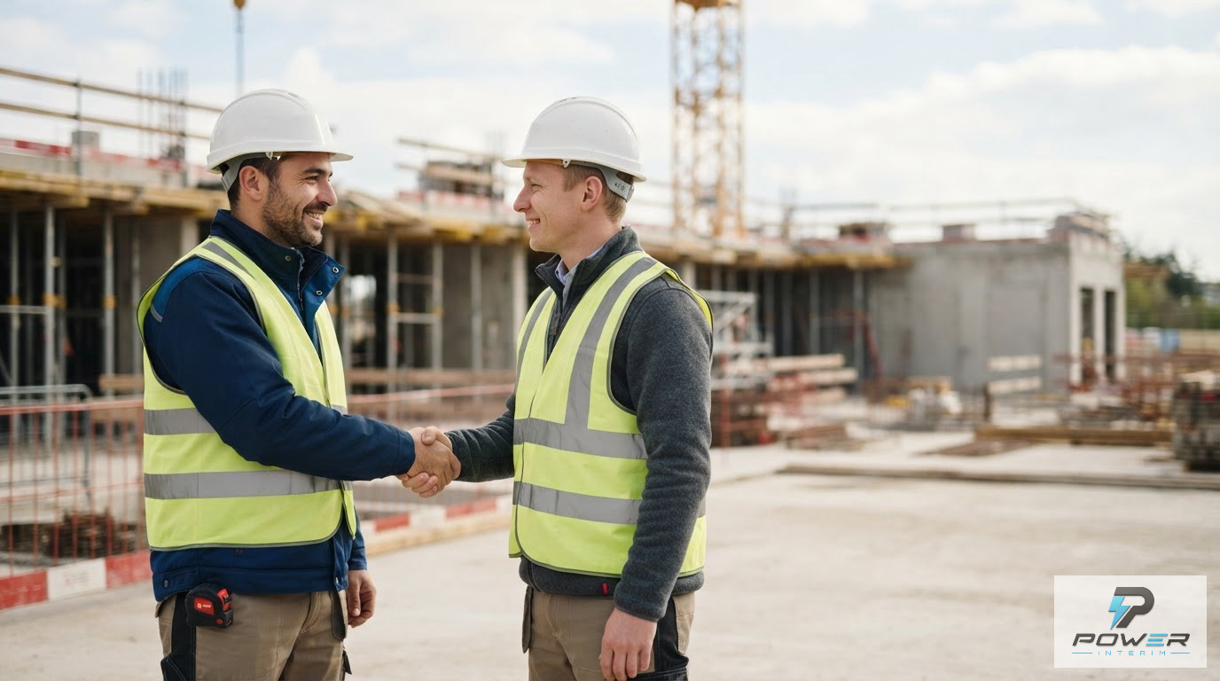 Deux ingénieurs se serrant la main devant un chantier sécurisé.