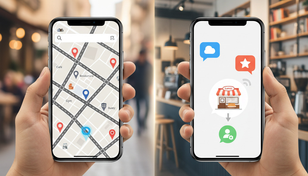 A split screen showing a person using a smartphone to find a local business; on the left, the screen shows a traditional map; on the right, it shows an AI chatbot providing a personalized recommendation based on user preferences.