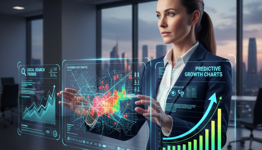 A professional data analyst looking at a futuristic holographic dashboard showing local search trends, heat maps of customer foot traffic, and predictive growth charts.