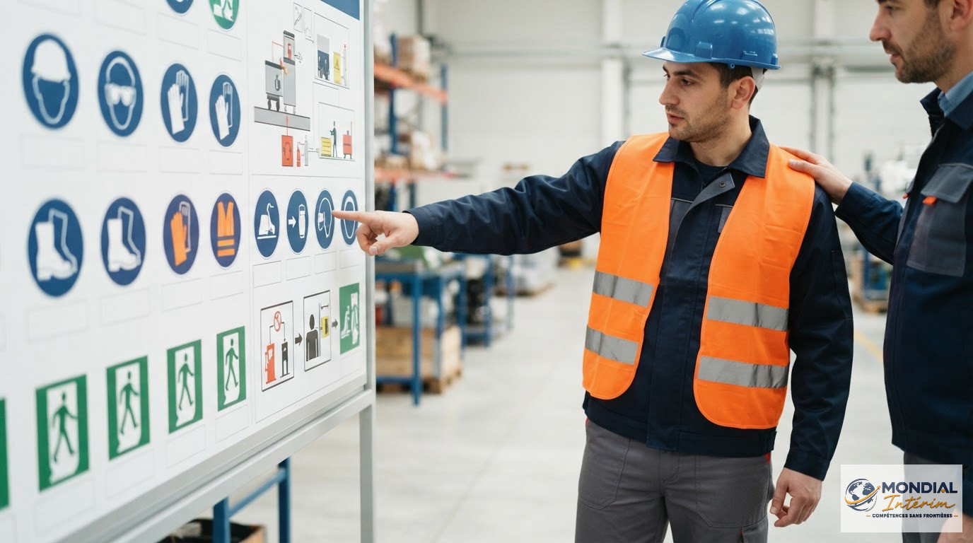 Un tableau de bord avec des pictogrammes de sécurité universels en entreprise.