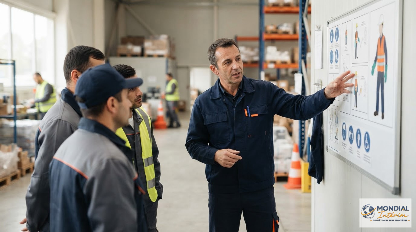 Un tuteur expliquant les consignes de sécurité à des travailleurs roumains.