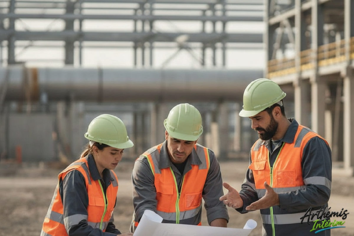 Travailleurs en sécurité discutant d'un plan sur un site industriel.