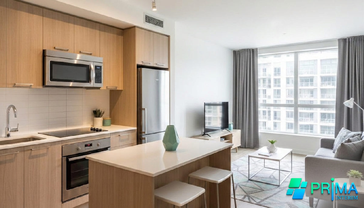 Intérieur d'appartement meublé avec cuisine équipée et salon.