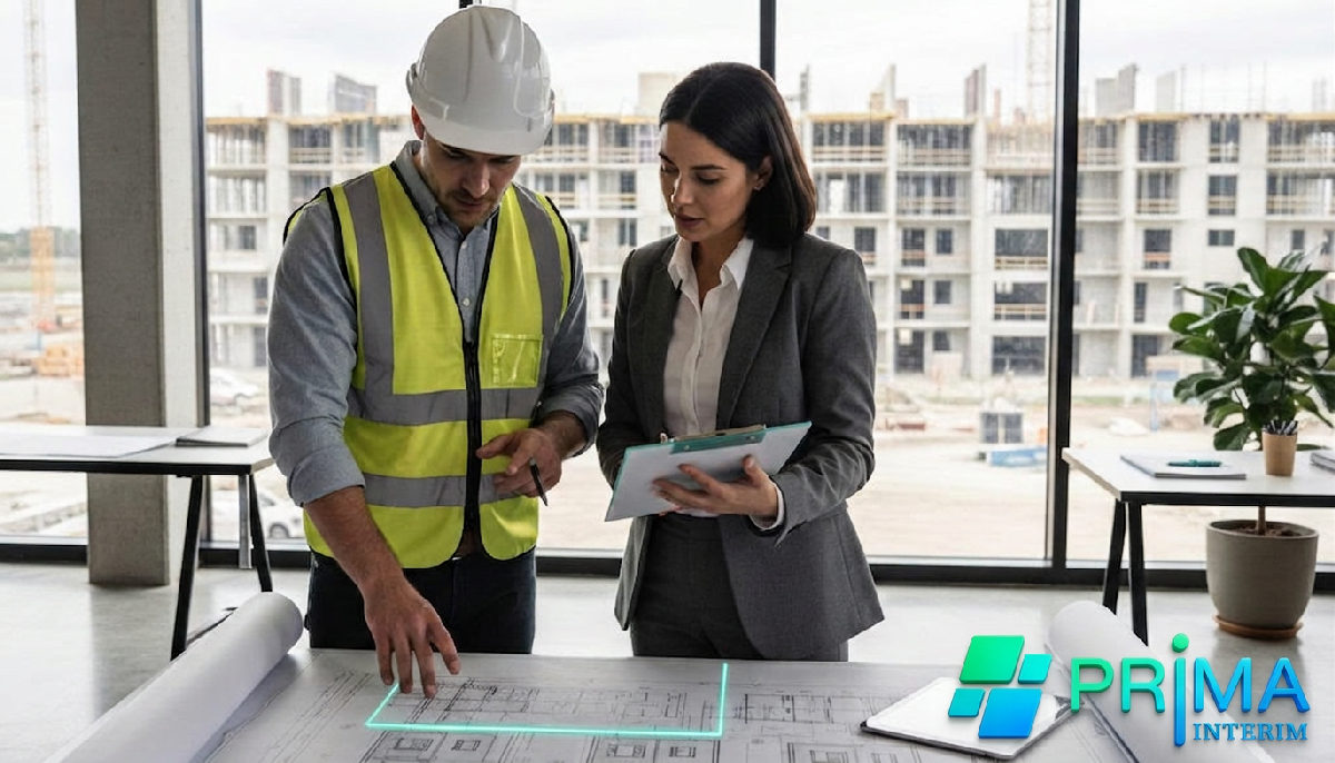 Manager de chantier et responsable RH discutant devant un plan.