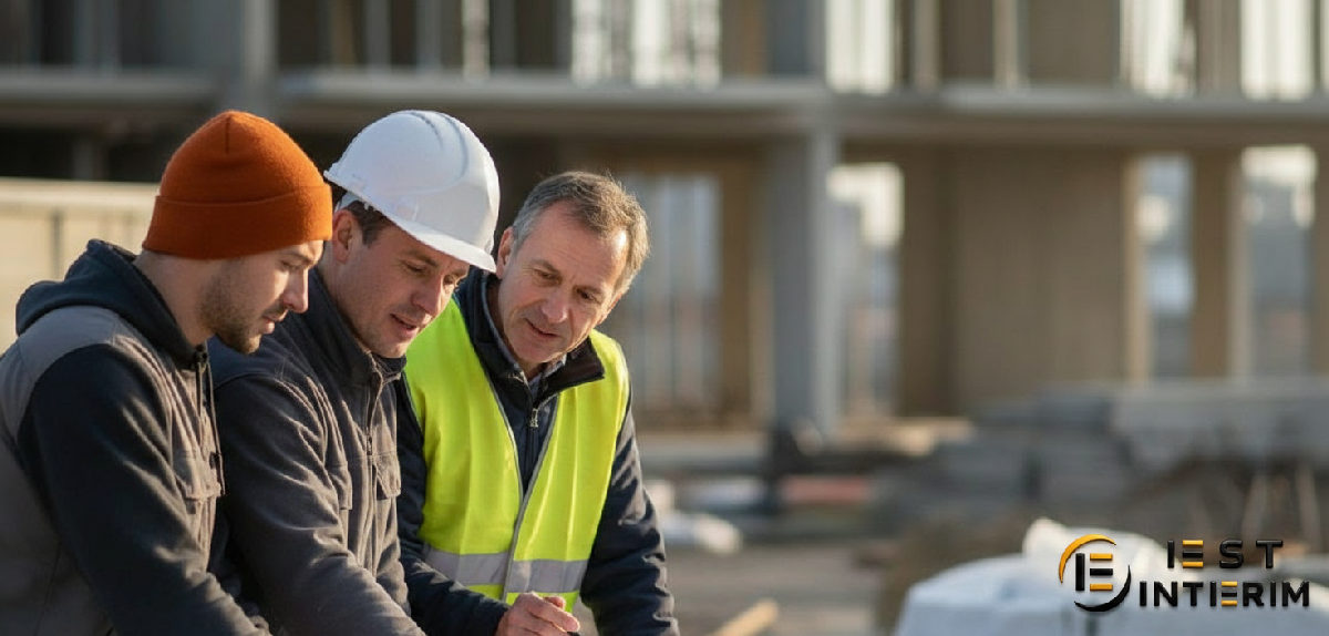 Équipe de plaquistes et chef de chantier discutant d'un plan.
