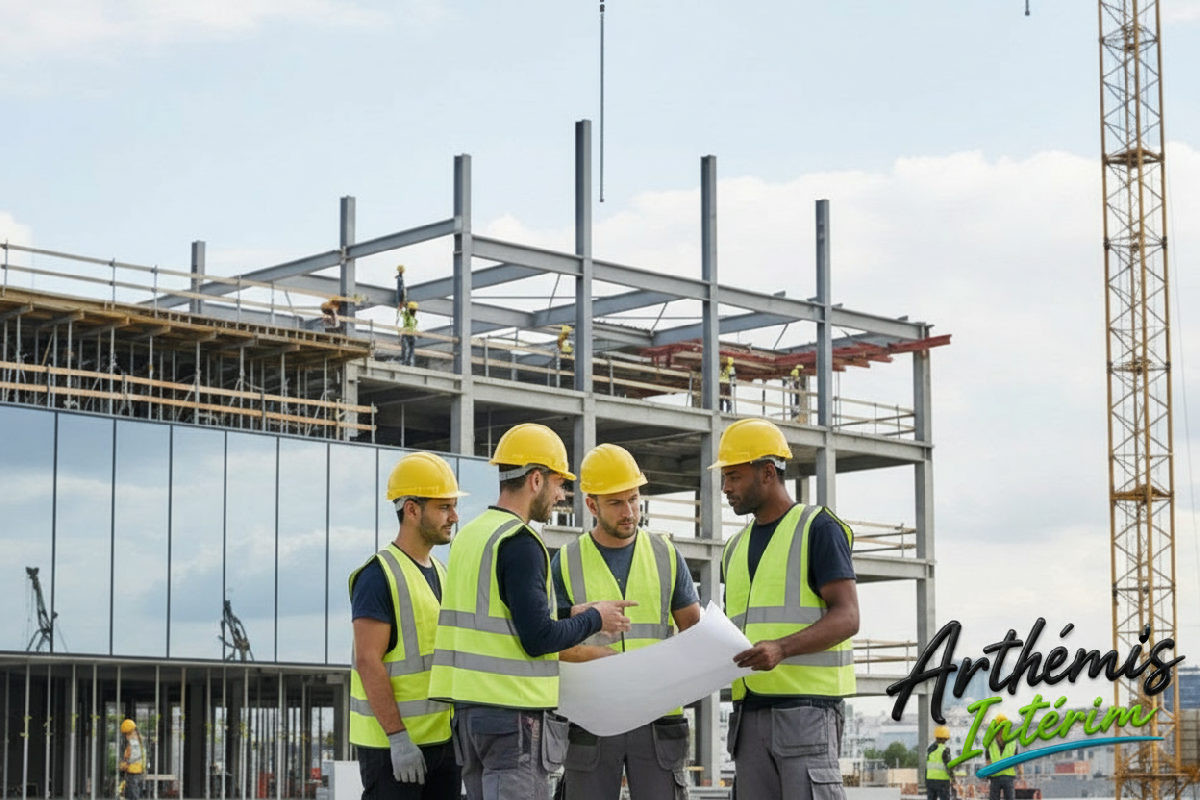 Chantier avec ouvriers, main-d'œuvre internationale qualifiée.