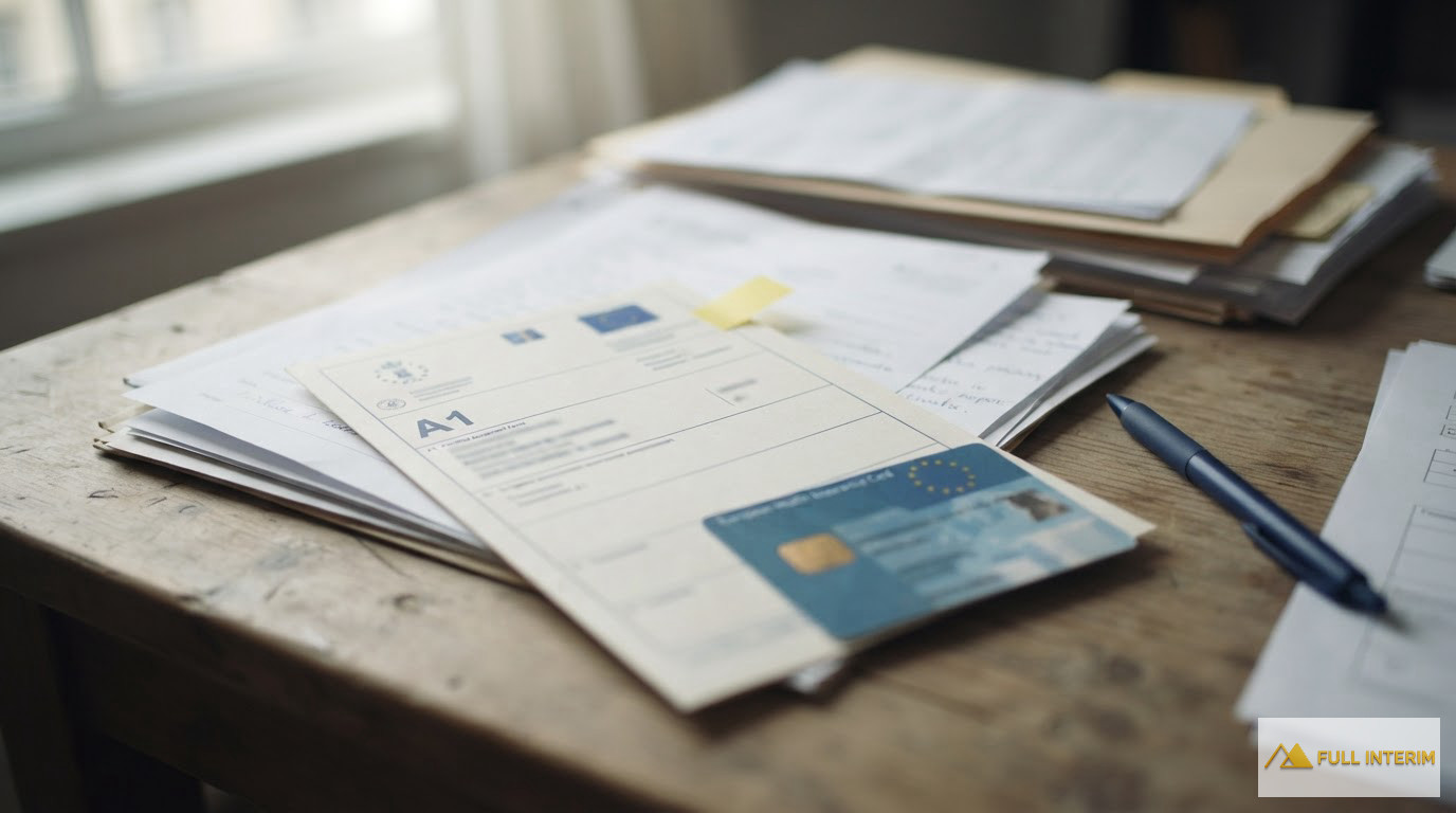 Formulaire A1 européen et carte d'assurance sur des documents de conformité sociale.