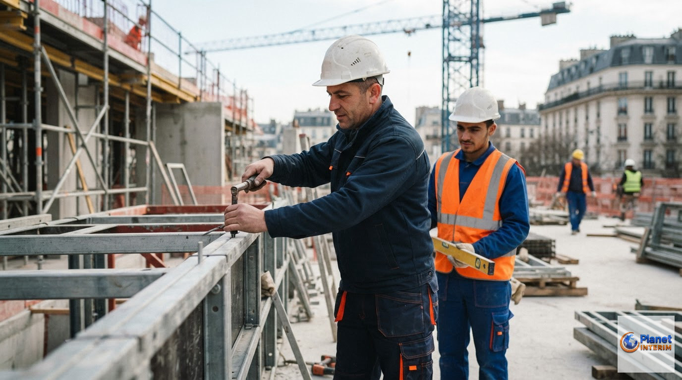 guide intérim roumanie : recruter et déployer en France - Ouvriers roumains qualifiés travaillant sur un chantier de construction en France.