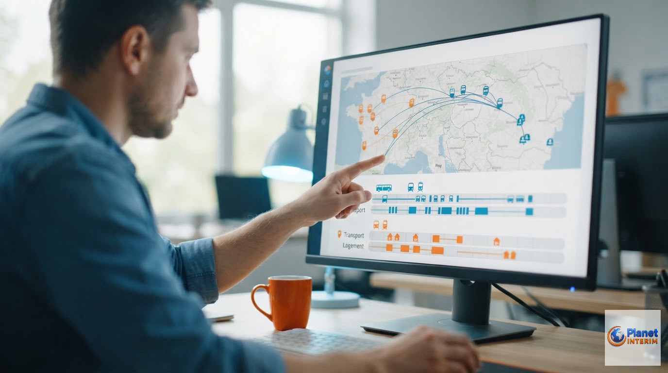 Tableau de bord logistique illustrant le transport et le logement des travailleurs.