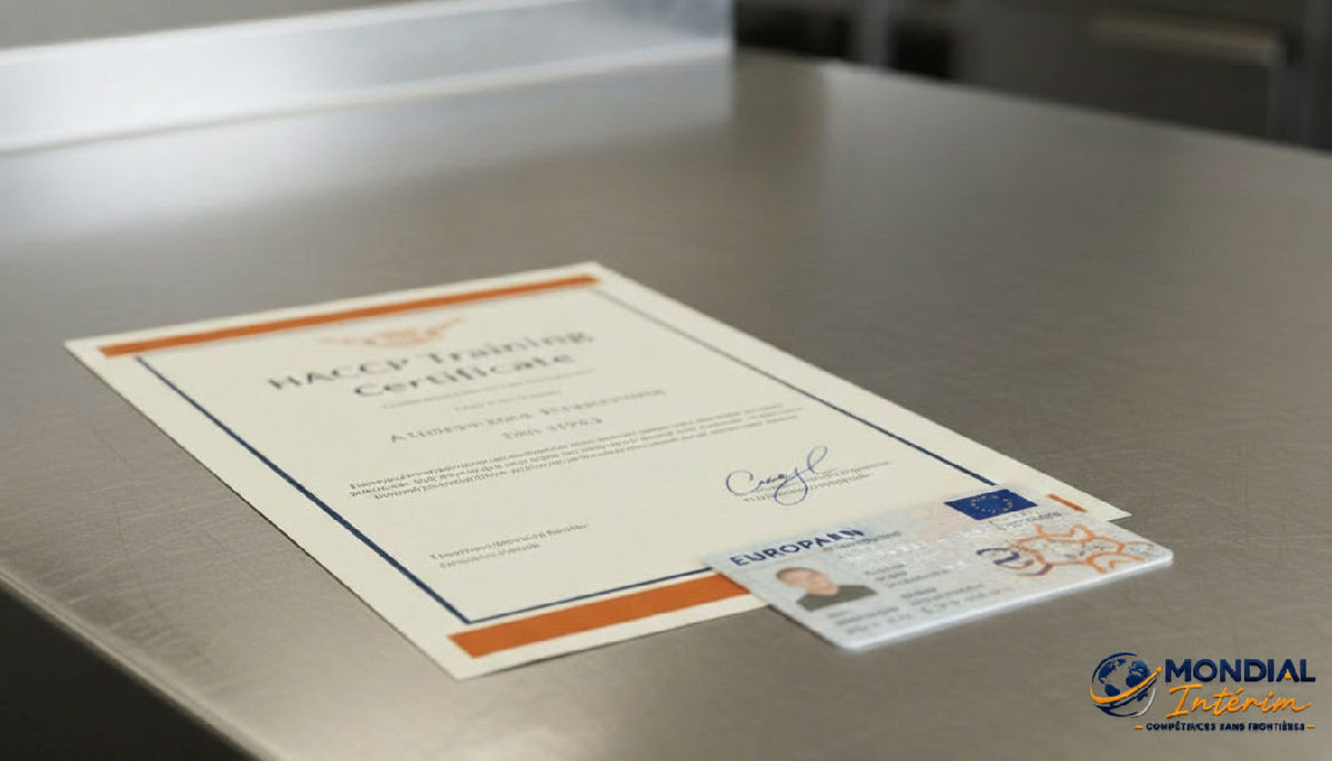 Certificat HACCP et pièce d'identité européenne sur table inox.