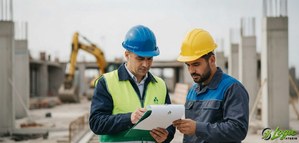 Inspecteur vérifiant des documents sur un chantier avec un travailleur roumain.