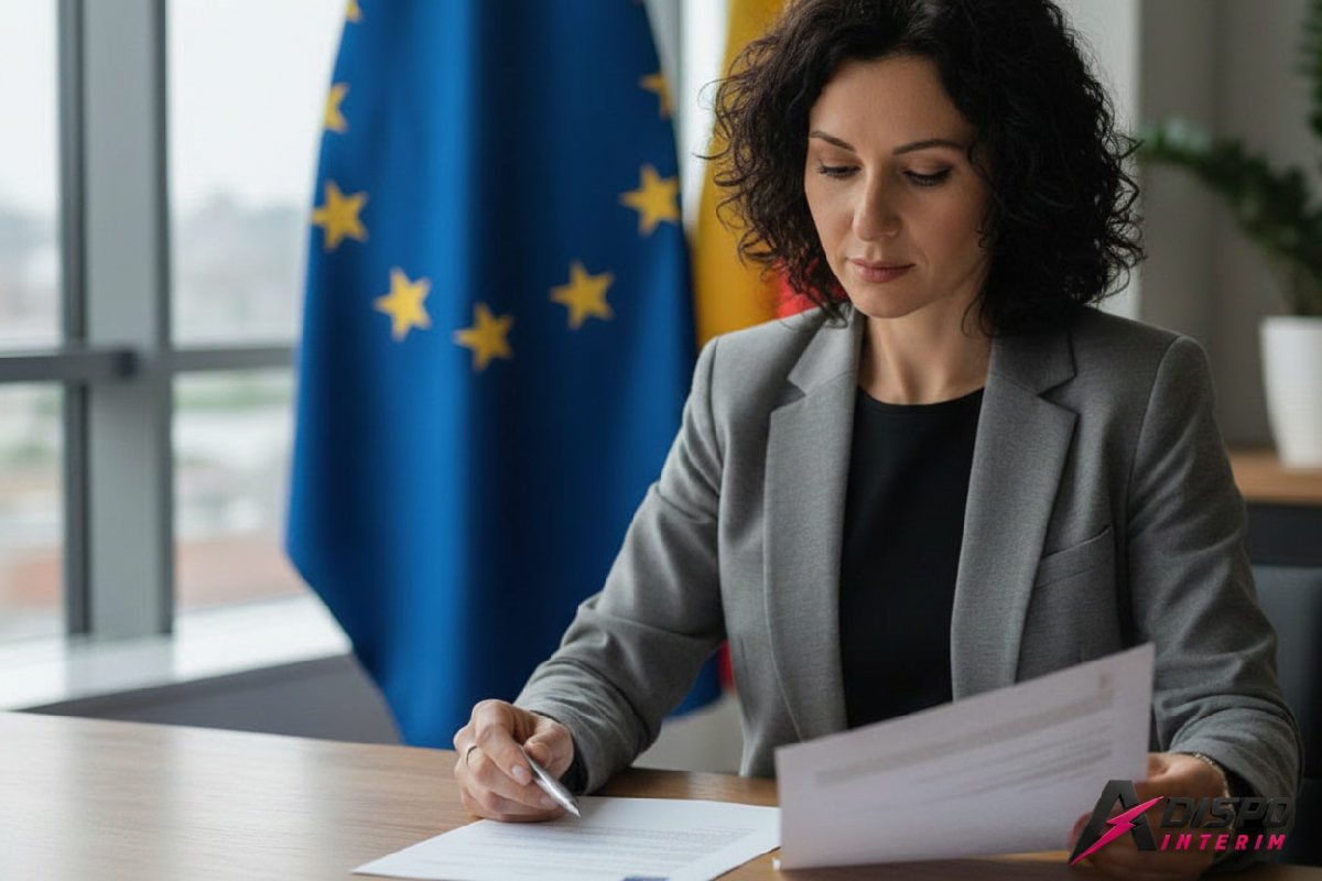 quelle assurance pour salarié roumain détaché? - Un expert RH analyse des contrats d'assurance avec un drapeau européen.