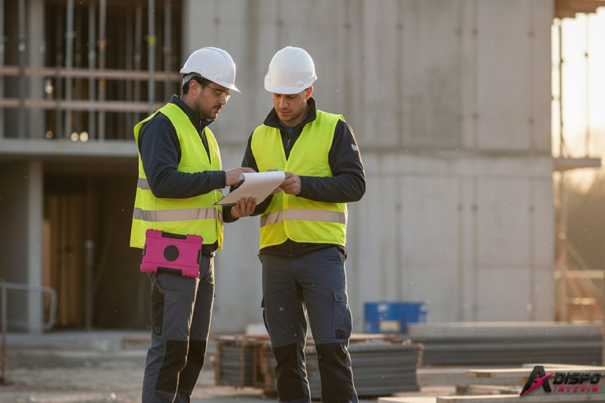 Inspecteur du travail contrôlant des documents sur un chantier français.