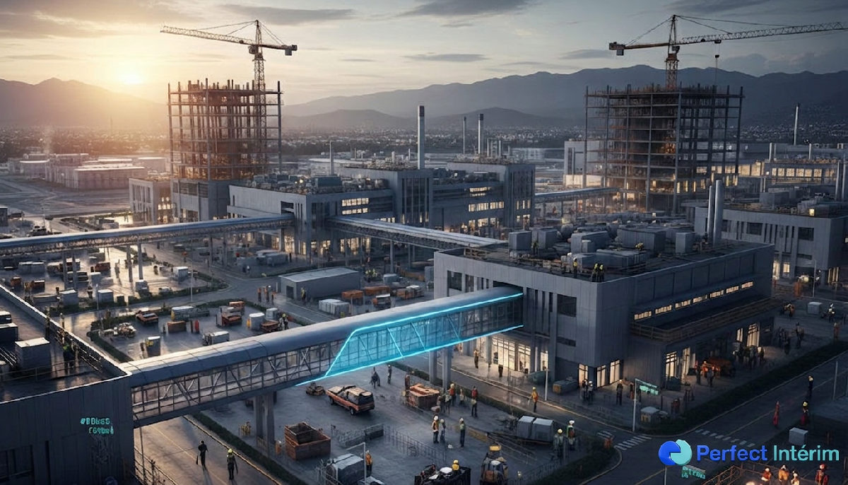 Complexe industriel symbolisant l'économie de la main-d'œuvre internationale gérée.