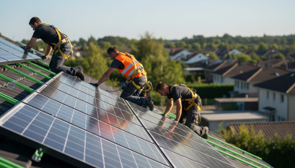 Instalace fotovoltaických panelů na střeše rodinného domu.